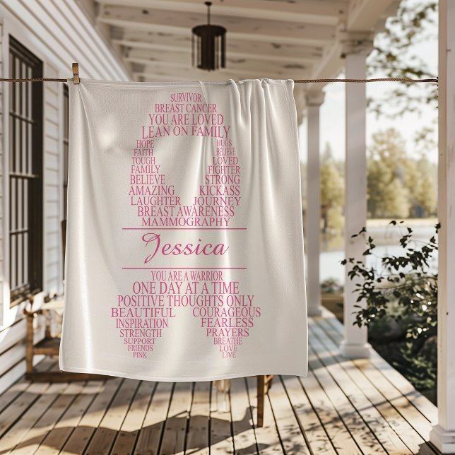 Personalized Breast Cancer Typography Ribbon Sherpa Blanket (Creator Uploaded)