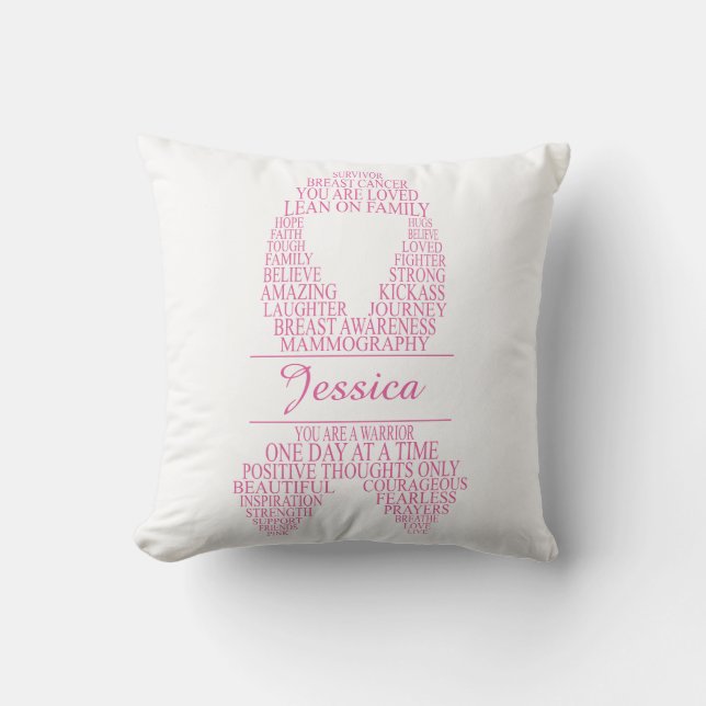 Personalized Breast Cancer Typography Ribbon Throw Pillow (Front)