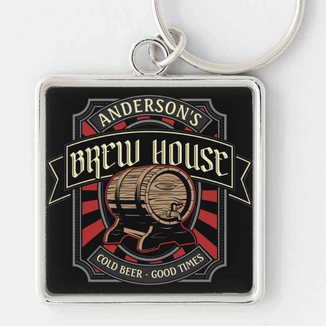 Personalized Brew House Label Beer Brewing Bar Pub Keychain (Front)