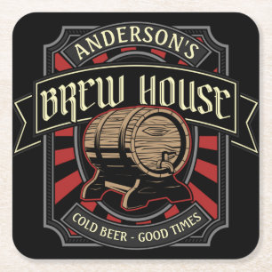 Personalized Brew House Label Beer Brewing Bar Pub Square Paper Coaster