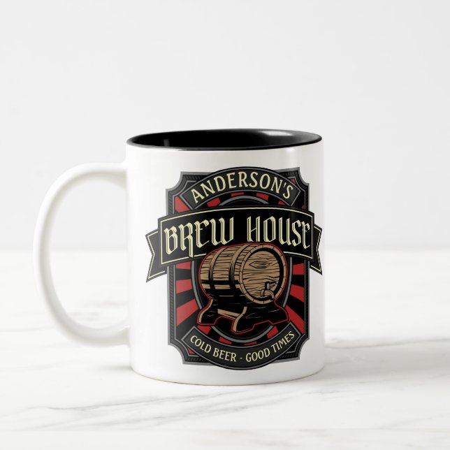 Personalized Brew House Label Beer Brewing Bar Pub Two-Tone Coffee Mug (Left)