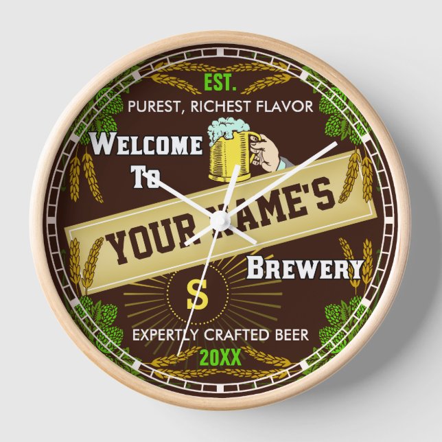 Personalized Brewery Welcome: Hops Barley Beer Clock (Front)