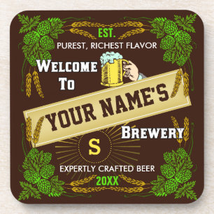 Personalized Brewery Welcome: Hops Barley Beer Coaster