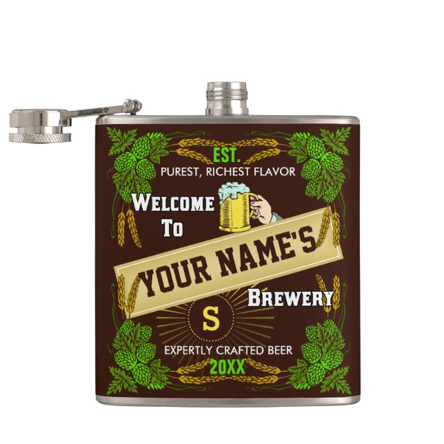 Personalized Brewery Welcome: Hops Barley Beer Hip Flask (Opened)