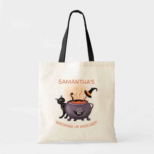 Personalized Brewing Up Mischief Cat Halloween Tote Bag (Front)