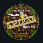 Personalized Brewpub Welcome: Hops Barley Beer Dartboard<br><div class="desc">Create your own extra-fancy custom brewpub dartboard using this beautiful and original template design. The dartboard is edged in an ornate hops and barley border, along with a beer mug graphic, a star burst effect and a central banner. The game board says, "Welcome to [your name]'s Brew Pub." Then there's...</div>