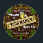 Personalized Brewpub Welcome: Hops Barley Beer Dartboard<br><div class="desc">Create your own extra-fancy custom brewpub dartboard using this beautiful and original template design. The dartboard is edged in an ornate hops and barley border, along with a beer mug graphic, a star burst effect and a central banner. The game board says, "Welcome to [your name]'s Brew Pub." Then there's...</div>