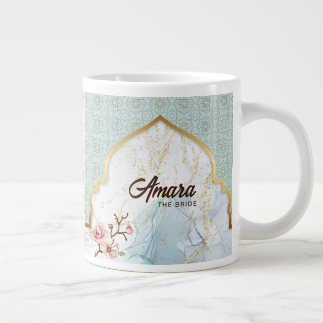 Personalized Bridal Coffee Mug – Light Blue & Gold (Right)