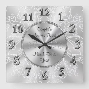 Personalized Bridal Shower Gifts, Silver Grey Square Wall Clock