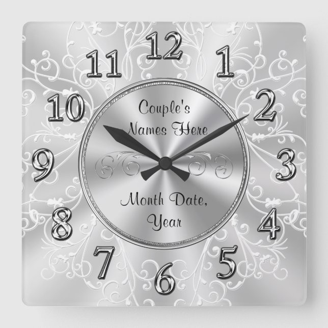 Personalized Bridal Shower Gifts, Silver Grey Square Wall Clock (Front)