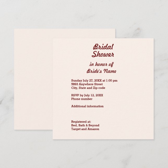 Personalized Bridal Shower Invitation Square Card (Front/Back)