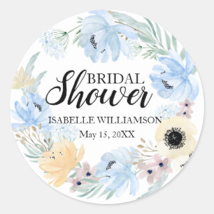 Personalized Bridal Shower Sticker, Blue Flowers Classic Round Sticker