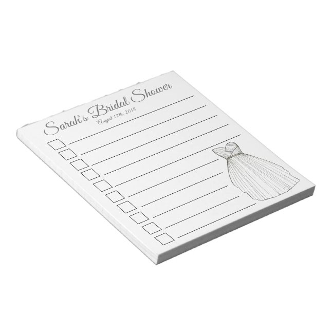 Personalized Bridal Shower Wedding Gown List Notepad (Angled)