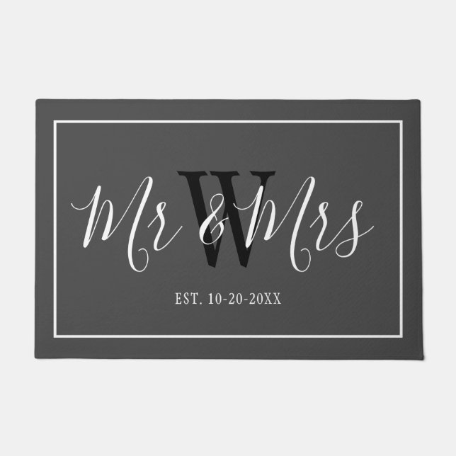 Personalized Bride and Groom Script Grey Wedding Doormat (Front)