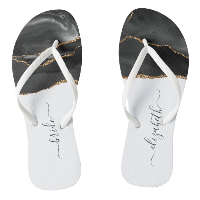Personalized Bride Black Gold Agate Wedding Flip Flops (Footbed)