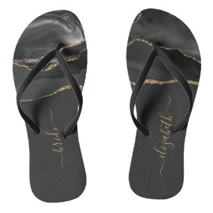 Personalized Bride Black Gold Agate Wedding Flip Flops