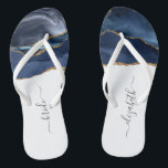 Personalized Bride Blue Gold Agate Wedding Flip Flops<br><div class="desc">A navy blue watercolor agate design trimmed with gold faux glitter decorates the front portion of these flip flops. Personalize them with elegant charcoal grey handwriting script on a white background for the bride or any other member of the wedding party. Ideal for a bachelorette party, bridal shower or beach...</div>