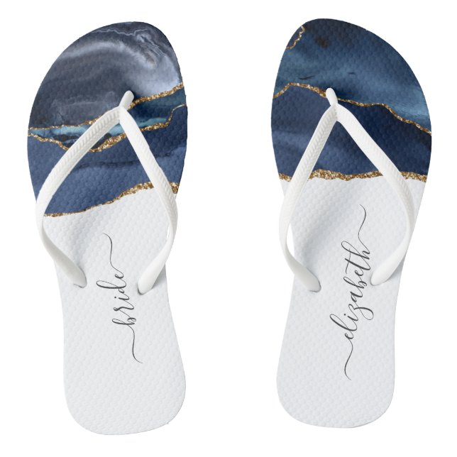 Personalized Bride Blue Gold Agate Wedding Flip Flops (Footbed)
