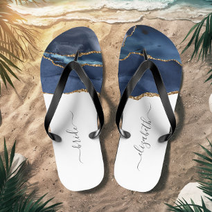 Personalized Bride Blue Gold Agate Wedding Flip Flops