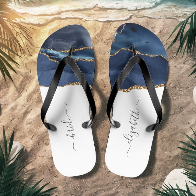 Personalized Bride Blue Gold Agate Wedding Flip Flops (Creator Uploaded)