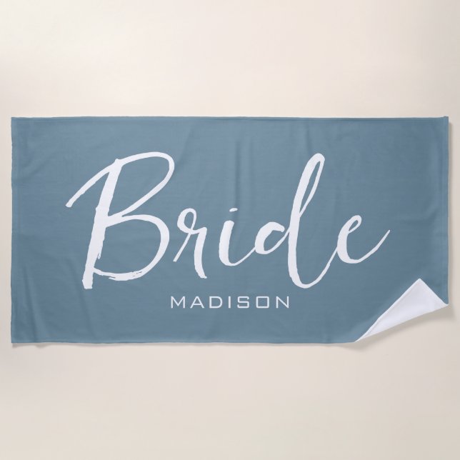 Personalized Bride Dusty Blue White Script Wedding Beach Towel (Front)