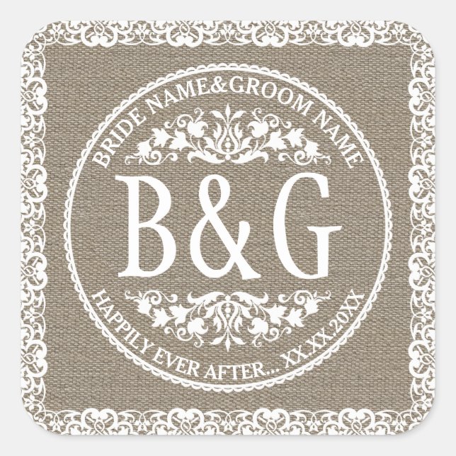 Personalized Bride&Groom Burlap&Lace Square Sticker (Front)