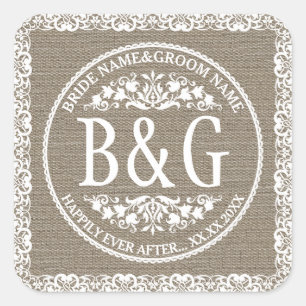 Personalized Bride&Groom Burlap&Lace Square Sticker