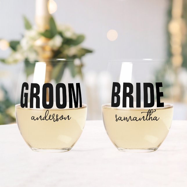 Personalized Bride & Groom Name Stemless Wine Glass (Insitu (Wedding))
