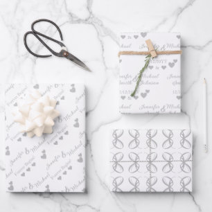 Personalized Bride, Groom Silver Hearts Couple Wrapping Paper Sheet