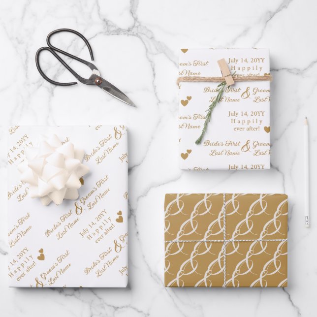 Personalized Bride & Groom Wedding Golden Hearts  Wrapping Paper Sheet (Front)