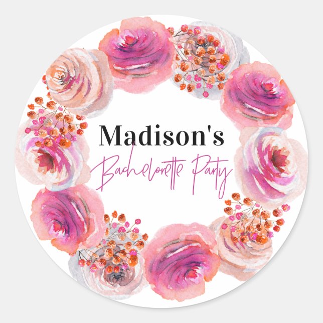 Personalized Bride Name Bachelorette Pink Floral Classic Round Sticker (Front)