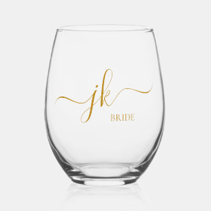 Personalized Bride Name Gold Script Monogram Stemless Wine Glass
