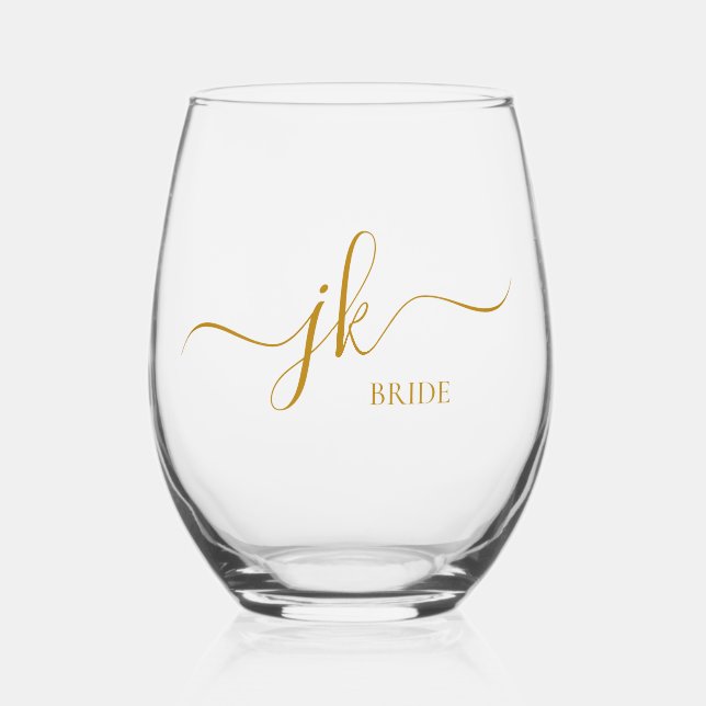 Personalized Bride Name Gold Script Monogram Stemless Wine Glass (Front)