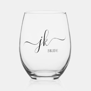 Personalized Bride Name Monogram Stemless Wine Glass