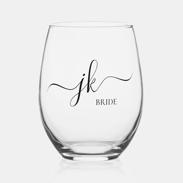 Personalized Bride Name Monogram Stemless Wine Glass (Front)