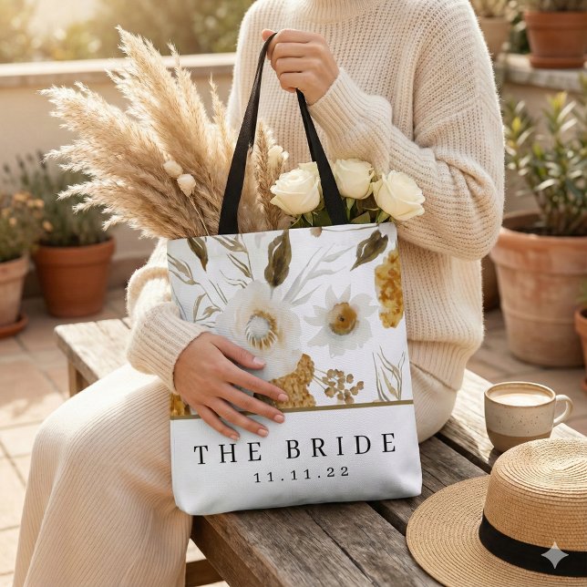 Personalized Bride Tote Bag (This beautiful watercolor floral personalized bride tote bag would make a great bridal shower gift! )