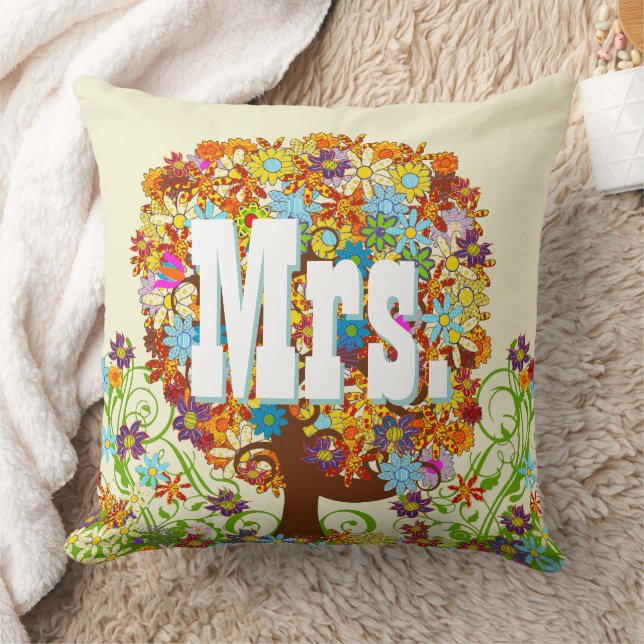 Personalized Brides Coral and Aqua Flower Tree Throw Pillow (Blanket)