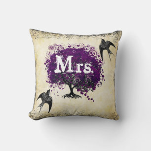 Personalized Brides Purple Heart Leaf Tree Mrs. Throw Pillow