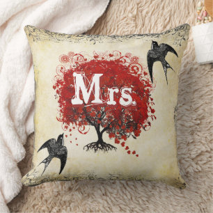 Personalized Brides Red Heart Leaf Tree Mrs. Throw Pillow