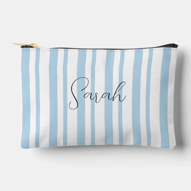 Personalized Bridesmaid Blue Striped Cosmetic Bag  (Front)