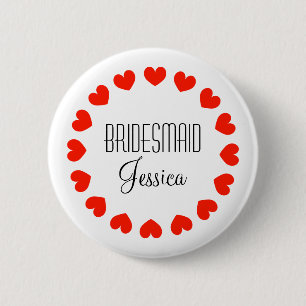Personalized bridesmaid buttons with red hearts