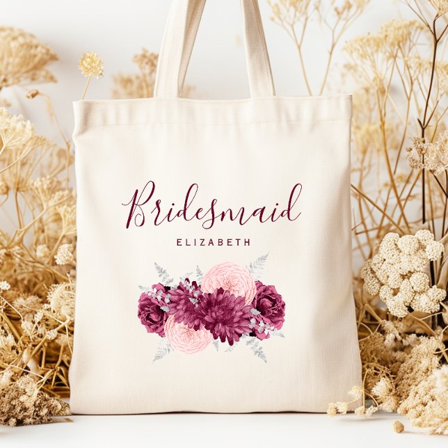 Personalized Bridesmaid Floral Burgundy Blush Tote Bag (Creator Uploaded)