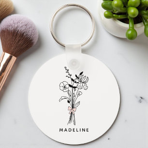 Personalized Bridesmaid Floral With Pink Bow Keychain