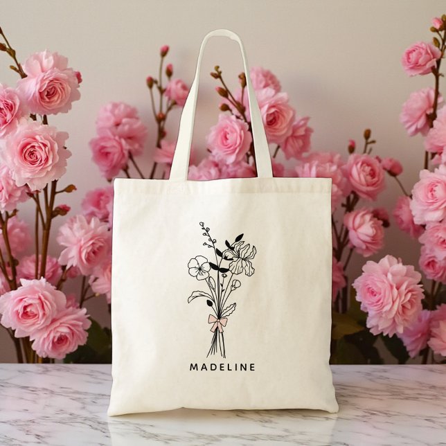 Personalized Bridesmaid Gift Floral Pink Bow  Tote Bag (Creator Uploaded)