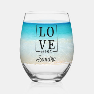 Personalized Bridesmaid Gift Tropical Beach Love Stemless Wine Glass