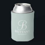Personalized Bridesmaid Monogram and Name Can Cooler<br><div class="desc">Personalized Bridesmaid Gifts
featuring personalized monogram in white elegant script font style with bridesmaid's name and title in classic serif font style on sage green background.

Also perfect for Maid of Honour,  Flower Girl,  Mother of the Bride and more.</div>