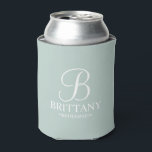 Personalized Bridesmaid Monogram and Name Can Cooler<br><div class="desc">Personalized Bridesmaid Gifts
featuring personalized monogram in white elegant script font style with bridesmaid's name and title in classic serif font style on sage green background.

Also perfect for Maid of Honour,  Flower Girl,  Mother of the Bride and more.</div>