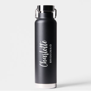 Personalized Bridesmaid Name Script Black Wedding Water Bottle