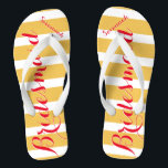 Personalized Bridesmaid Pinkish Red Misty Yellow Flip Flops<br><div class="desc">Flame Scarlet Pinkish Red Font and Misted Yellow and White Stripes Pattern - Change Misted Yellow and Reddish Pink to Any Colour by clicking customize. Furthermore say anything you want! Anything at all! Make these one of a kind flip flops that have YOUR message on them. Be the talk of...</div>