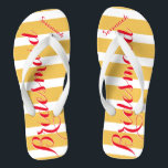 Personalized Bridesmaid Pinkish Red Misty Yellow Flip Flops<br><div class="desc">Flame Scarlet Pinkish Red Font and Misted Yellow and White Stripes Pattern - Change Misted Yellow and Reddish Pink to Any Colour by clicking customize. Furthermore say anything you want! Anything at all! Make these one of a kind flip flops that have YOUR message on them. Be the talk of...</div>